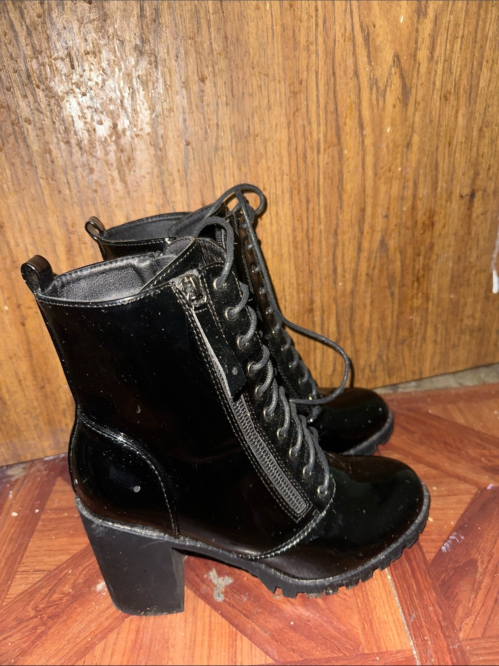 Fashion Nova Black Lace-Up Glossy Combat Boots